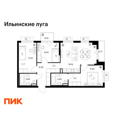 Планировка трехкомнатной(квартира) площадью 69.34 квадратных метров в ЖК “ЖК Ильинские луга”