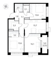 Планировка трехкомнатной(квартира) площадью 84.5 квадратных метров в “ЖК 1-й Саларьевский (Первый Саларьевский)”