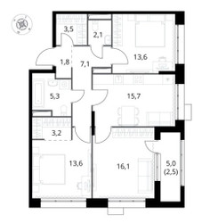 Планировка трехкомнатной(квартира) площадью 84.5 квадратных метров в ЖК “ЖК 1-й Саларьевский (Первый Саларьевский)”