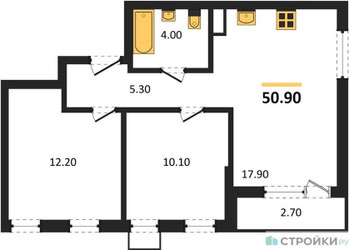 Планировка двухкомнатной(квартира) площадью 50.9 квадратных метров в ЖК “ЖК Деснаречье”