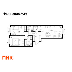 Планировка двухкомнатной(квартира) площадью 64.7 квадратных метров в ЖК “ЖК Ильинские луга”