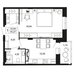 Планировка однокомнатной(квартира) площадью 45.2 квадратных метров в ЖК “ЖК Времена года”
