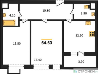 Планировка двухкомнатной(квартира) площадью 64.6 квадратных метров в ЖК “ЖК Римский”