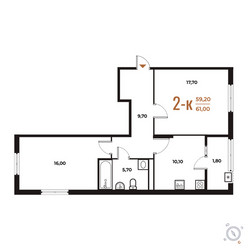 Планировка двухкомнатной(квартира) площадью 61 квадратных метров в ЖК “ЖК Новое Летово”