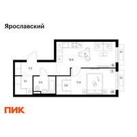 Планировка однокомнатной(квартира) площадью 41.8 квадратных метров в “ЖК Ярославский”