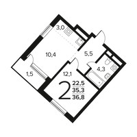 Планировка двухкомнатной(квартира) площадью 36.8 квадратных метров в “Новые Ватутинки. Заречный”