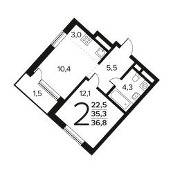Планировка двухкомнатной(квартира) площадью 36.8 квадратных метров в ЖК “Новые Ватутинки. Заречный”