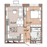 Планировка однокомнатной(квартира) площадью 40.4 квадратных метров в “ЖК Гранд Комфорт”