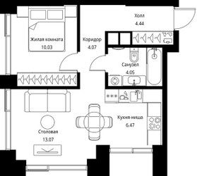 Планировка однокомнатной(квартира) площадью 42.13 квадратных метров в ЖК “ЖК Сити Бэй”