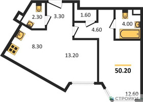 Планировка однокомнатной(квартира) площадью 50.2 квадратных метров в “ЖК Архитектор”