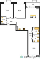 Планировка трехкомнатной(квартира) площадью 88.1 квадратных метров в “ЖК Бунинские кварталы”