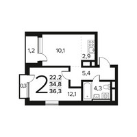 Планировка двухкомнатной(квартира) площадью 36.3 квадратных метров в “Новые Ватутинки. Заречный”