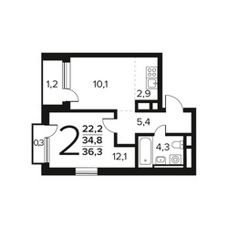 Планировка двухкомнатной(квартира) площадью 36.3 квадратных метров в ЖК “Новые Ватутинки. Заречный”