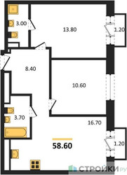 Планировка двухкомнатной(квартира) площадью 58.6 квадратных метров в ЖК “ЖК Квартал Метроном”