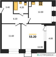 Планировка двухкомнатной(квартира) площадью 53.2 квадратных метров в “ЖК Прокшино”