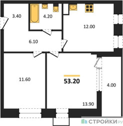 Планировка двухкомнатной(квартира) площадью 53.2 квадратных метров в ЖК “ЖК Прокшино”