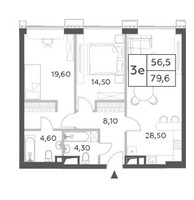 Планировка трехкомнатной(квартира) площадью 79.6 квадратных метров в “ЖК Will Towers (Вилл Тауэрс)”