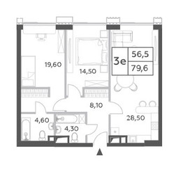 Планировка трехкомнатной(квартира) площадью 79.6 квадратных метров в “ЖК Will Towers (Вилл Тауэрс)”