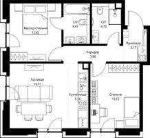 Планировка двухкомнатной(квартира) площадью 62.71 квадратных метров в “Дом премиум-класса МИРА”