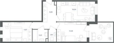 Планировка трехкомнатной(квартира) площадью 58.6 квадратных метров в ЖК “ЖК Равновесие”