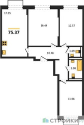 Планировка трехкомнатной(квартира) площадью 75.37 квадратных метров в ЖК “ЖК Квартал Домашний”