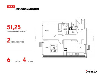 Планировка двухкомнатной(квартира) площадью 51.25 квадратных метров в ЖК “ЖК Новотомилино”