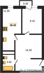 Планировка однокомнатной(квартира) площадью 38.4 квадратных метров в ЖК “ЖК Южная Долина”