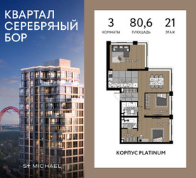 Планировка трехкомнатной(квартира) площадью 80.6 квадратных метров в ЖК “ЖК Квартал Серебряный бор”
