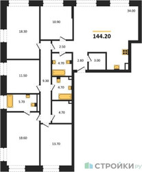 Планировка 4+ комнатной(квартира) площадью 144.2 квадратных метров в ЖК “ЖК STONE Rise (Райз)”