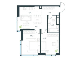 Планировка трехкомнатной(квартира) площадью 59.6 квадратных метров в “ЖК Левел Мичуринский”