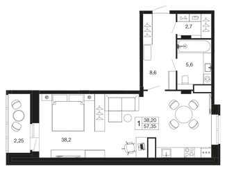 Планировка студии(квартира) площадью 57.35 квадратных метров в ЖК “ЖК Времена года”