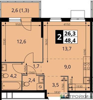 Планировка однокомнатной(квартира) площадью 48.4 квадратных метров в “ЖК 1-й Измайловский (Первый Измайловский)”