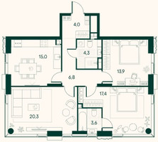 Планировка трехкомнатной(квартира) площадью 85.2 квадратных метров в “ЖК Клубный город на реке Primavera (Примавера)”