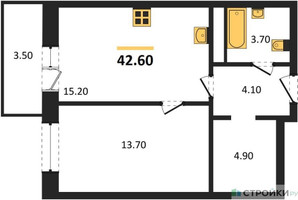 Планировка однокомнатной(квартира) площадью 42.7 квадратных метров в “ЖК Одинцовские кварталы”