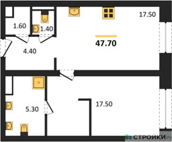 Планировка однокомнатной(апартаменты) площадью 47.7 квадратных метров в “ЖК Republic (Репаблик)”