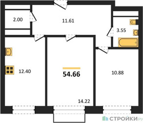 Планировка двухкомнатной(квартира) площадью 54.66 квадратных метров в ЖК “ЖК Новоград Павлино”