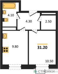 Планировка однокомнатной(квартира) площадью 31.2 квадратных метров в ЖК “ЖК ЭкоБунино (Южное Бунино)”