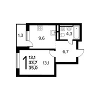 Планировка однокомнатной(квартира) площадью 35 квадратных метров в “Новые Ватутинки. Заречный”