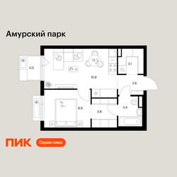 Планировка однокомнатной(квартира) площадью 38.2 квадратных метров в ЖК “ЖК Амурский парк”