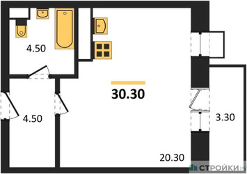 Планировка студии(квартира) площадью 28.8 квадратных метров в ЖК “ЖК Идеал”