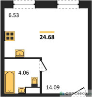 Планировка студии(апартаменты) площадью 24.68 квадратных метров в “ЖК Движение. Говорово”