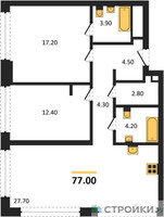 Планировка двухкомнатной(квартира) площадью 77 квадратных метров в “ЖК СТОУН Грэйн”