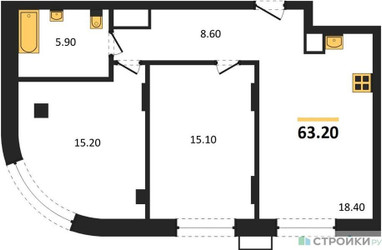 Планировка двухкомнатной(квартира) площадью 63.2 квадратных метров в ЖК “ЖК Резиденции Сколково”