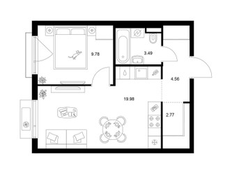 Планировка однокомнатной(квартира) площадью 40.58 квадратных метров в ЖК “ЖК Ильинские луга”