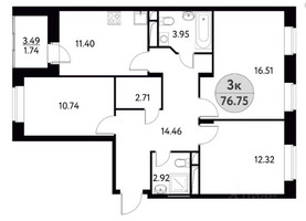 Планировка трехкомнатной(квартира) площадью 76.75 квадратных метров в “ЖК Солнечная долина (Щёлково)”