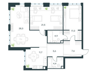 Планировка трехкомнатной(квартира) площадью 101 квадратных метров в ЖК “ЖК Левел Южнопортовая”