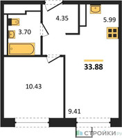 Планировка однокомнатной(квартира) площадью 33.88 квадратных метров в “ЖК Пригород Лесное”