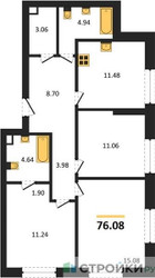Планировка трехкомнатной(квартира) площадью 76.08 квадратных метров в ЖК “ЖК Sezar City (Сезар Сити)”