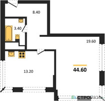 Планировка однокомнатной(квартира) площадью 44.6 квадратных метров в “ЖК VERY на Миклухо-Маклая (Вери на Миклухо-Маклая)”