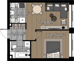 Планировка однокомнатной(квартира) площадью 38.5 квадратных метров в ЖК “ЖК Квартал Серебряный бор”